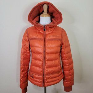 Orange puffer jacket (women's size small) -- luxury brand "Crocodile Garments"